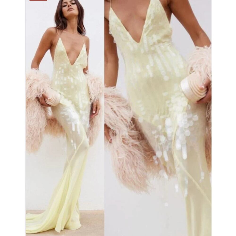 Rat & Boa Asteria Yellow Sequin Bodycon Open Back Silk Maxi Gown New Medium - Picture 3 of 12